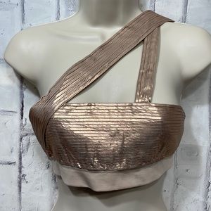 Esteban Cortazar Crop Top One Shoulder Sleeveless Metallic Pink Pleated Layers